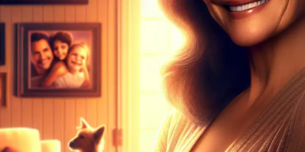 A confident mature woman smiles warmly in an inviting living room, surrounded by family photos and a playful pet.