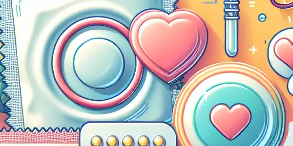 A vibrant illustration showcasing various adult contraception methods, including condoms, emergency pills, and an IUD, emphasizing health and safety.