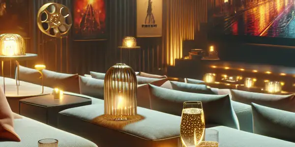 A luxurious home theater featuring plush seating, ambient lighting, popcorn, and a large screen displaying vibrant movie scenes.