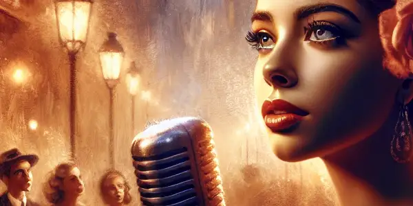 A young Edith Piaf passionately sings in a vibrant 1940s Parisian street, surrounded by an emotionally captivated audience.