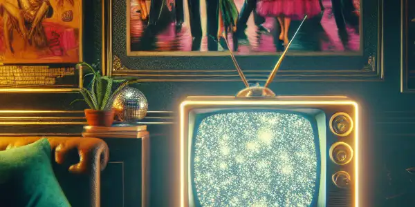 A nostalgic retro room featuring vintage décor, classic adult film posters, and characters in 1980s and 1990s fashion.