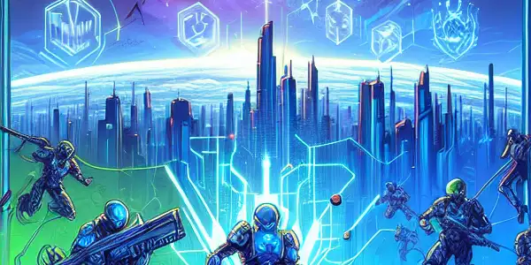 A vibrant futuristic gaming environment with characters in high-tech armor interacting with glowing virtual currencies and dynamic gameplay.