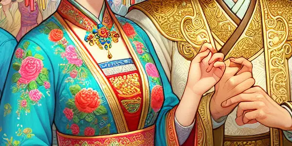 A vibrant Qing Dynasty marketplace with an innkeeper and disguised emperor amidst lively merchants and townsfolk.