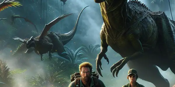 A heroic duo faces a charging Indominus rex in a lush, tropical dinosaur theme park.