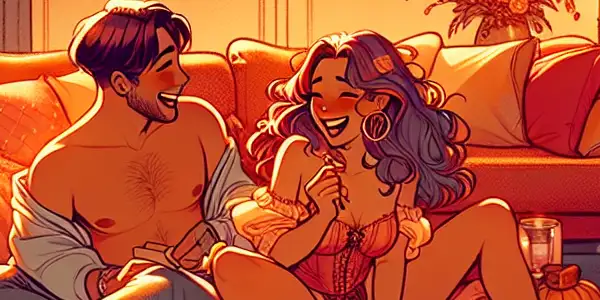 A cozy room with a couple playfully engaged in role-playing, surrounded by romantic decorations and warm lighting.
