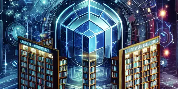 A modern digital library filled with vibrant screens, showcasing video categories and emphasizing online privacy.