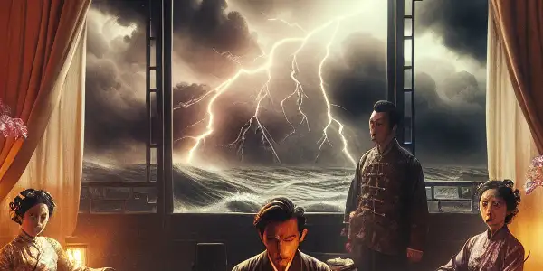 A tense family gathering in an opulent Chinese living room, set against a stormy night.