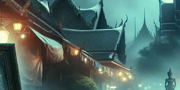 A misty Bangkok street at night featuring a cursed photograph and ghostly figures, evoking Thai horror themes.