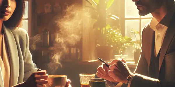 A young professional and a mysterious partner share a contemplative moment in a cozy café filled with warmth and hope.