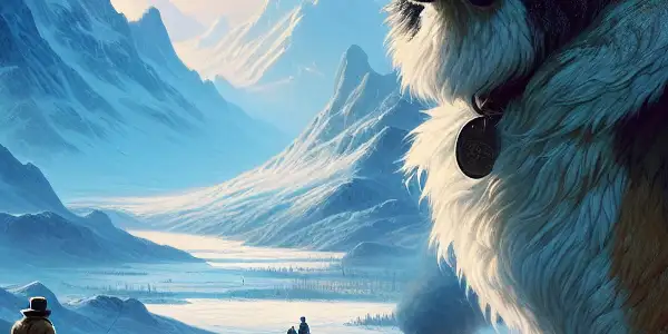 Buck, a noble dog, stands in a snowy Yukon wilderness with sled dogs and a distant campfire.
