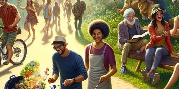A vibrant park scene showcasing diverse individuals cooking, exploring, painting, and enjoying surprises, symbolizing rejuvenation and creativity.
