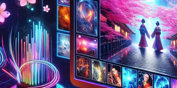 A futuristic interface displaying vibrant thumbnails for Japanese adult films, blending modern technology with hints of Japanese culture.