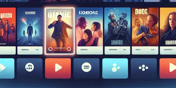 A diverse group of viewers enjoying movies on various devices in a cozy home setting with a sleek streaming interface.