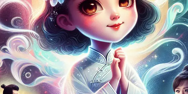 A whimsical poster featuring Hong Kong actress Ah Jiao as a cute ghost, surrounded by elements from her iconic film roles.