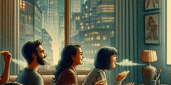 A cozy living room with friends watching a movie on a large TV, surrounded by popcorn and movie posters.