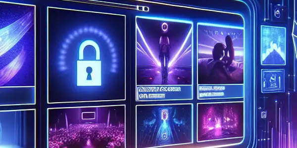 Futuristic digital interface showcasing safe adult entertainment with security features and inviting ambiance.