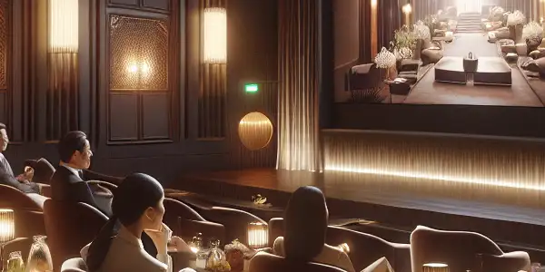 Luxurious private cinema club with plush seating, gourmet snacks, and an elegant bar, creating an intimate atmosphere.