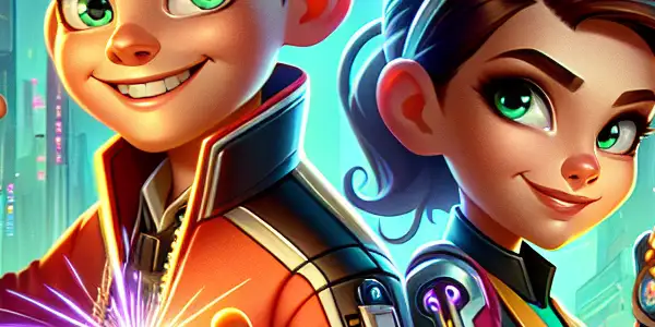 Two young siblings in high-tech spy gear, ready for action in a vibrant futuristic cityscape.