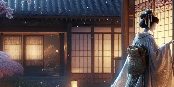 Hikaru Genji in Heian-era palace, gazing at cherry blossoms under moonlight, evoking romance and nostalgia.