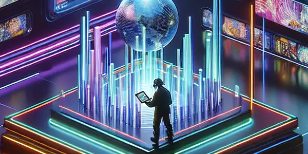 A high-tech digital library showcasing 3D adult film cases, with a user interacting through a VR headset.