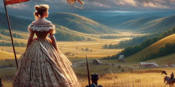 A Southern belle stands resolute on a stormy battlefield, surrounded by diverse soldiers in conflict during the Civil War.