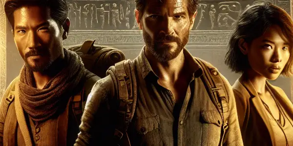 Three explorers in an ancient tomb, surrounded by hieroglyphs and eerie creatures, illuminated by flickering torches.