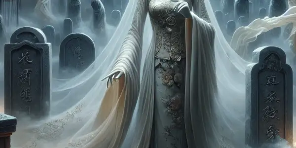 A ghostly bride in traditional attire stands in a misty graveyard, surrounded by tombstones and glowing lanterns.
