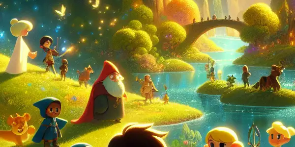 A group of adventurous characters embarks on a magical journey in a colorful kingdom filled with fantastical creatures.