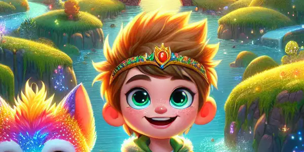 A brave child and his fantastical pet explore a vibrant, magical landscape filled with whimsical creatures and adventure.