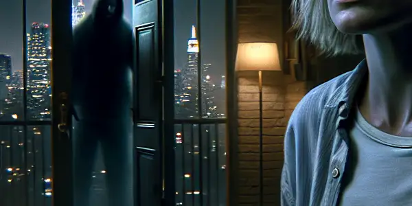 A tense urban apartment scene at night, featuring a fearful woman and a shadowy figure by a tampered door.