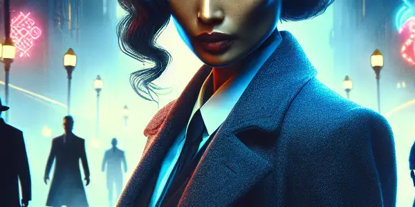 A mysterious femme fatale stands in a dark urban landscape, surrounded by shadowy figures and neon reflections.