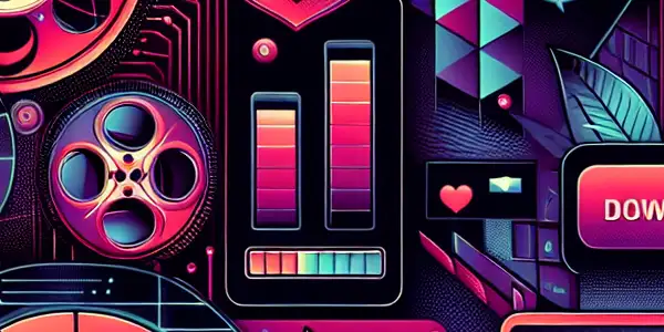 A modern digital interface illustrating adult content downloading, featuring film reels, screens, a VPN shield, and a filling download bar.