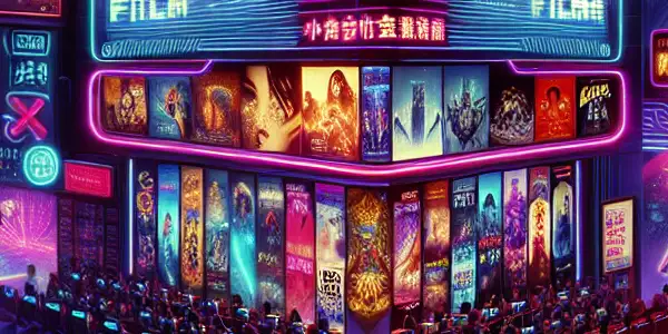 Futuristic digital storefront with neon lights promoting adult entertainment discounts and Japanese AV cinema elements.