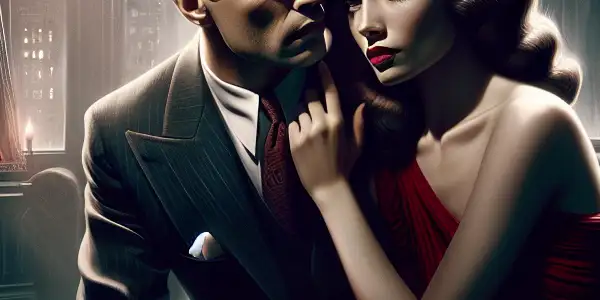 A dramatic scene of a woman in a red dress and a man in a suit, symbolizing passion and betrayal in a dimly lit apartment.