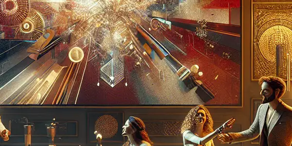 A modern, intimate living room scene with diverse characters exploring sensual connections amidst luxurious decor and soft lighting.