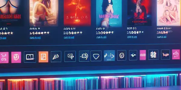 A modern digital interface for an adult film streaming platform, featuring colorful thumbnails and a cozy viewing environment.