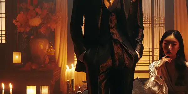 A dimly lit room featuring a charismatic male figure and an enchanting female figure, embodying sensuality and intimacy.