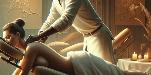 A luxurious massage room with a professional therapist and a client, emphasizing relaxation and sensuality.