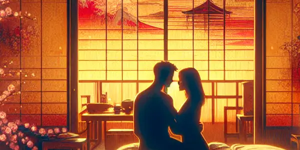 A warm, intimate Japanese bedroom with a couple's suggestive silhouettes, surrounded by traditional elements and soft colors.