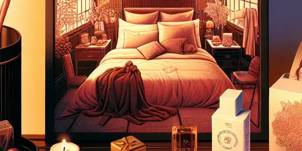 A cozy room with a bedside table displaying safe adult products, creating an intimate and inviting atmosphere.