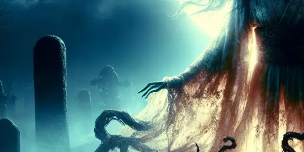 A mysterious female figure rises from a shadowy grave, surrounded by twisted roots and an eerie graveyard under a full moon.
