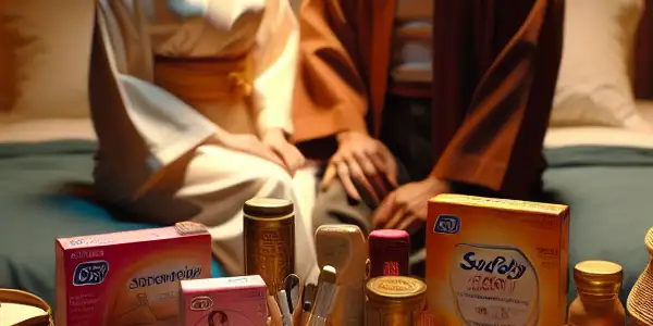 A cozy bedroom scene featuring iconic safety products and two characters engaging in playful, respectful interaction.