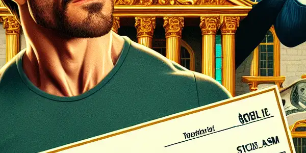 A scruffy man holds a giant check in front of an extravagant mansion, surrounded by quirky characters and floating dollar bills.