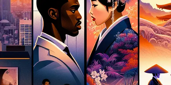 A split image contrasting Western romantic adult films with Japanese fantasy-driven adult films, showcasing diverse themes and settings.