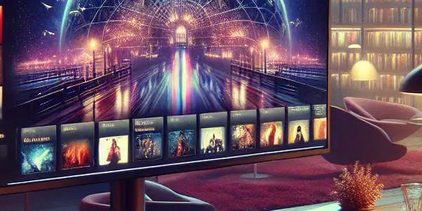 A modern office showcasing a computer screen with vibrant thumbnails of Japanese adult films, emphasizing exploration and privacy.