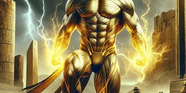 A powerful anti-hero emerges from ancient Egyptian sands, surrounded by ruins and modern superheroes under stormy skies.