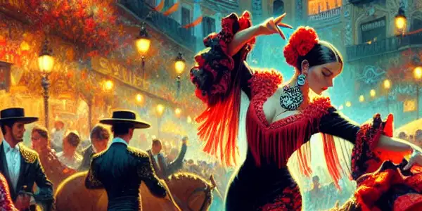 A vibrant Flamenco festival in Seville featuring a passionate dancer in a flowing red and black dress.