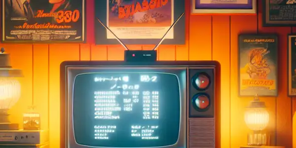 A cozy, nostalgic room filled with vintage adult film posters, a retro TV, and modern streaming technology.