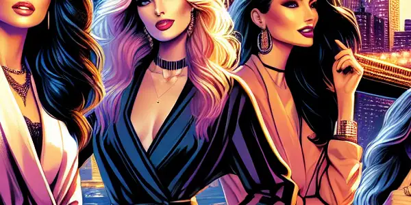 Four stylish women of diverse backgrounds converse at a chic outdoor café in a vibrant New York City sunset.