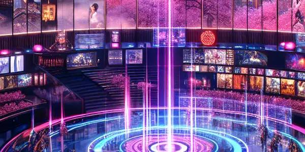 A futuristic environment blending advanced technology, sensuality, and Japanese cultural elements in an immersive adult entertainment scene.